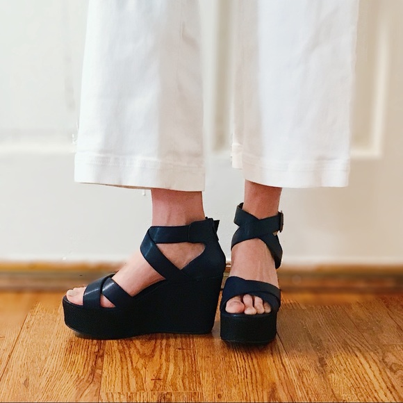 Navy + Black Strappy Wedge Platform Heels - Picture 2 of 5